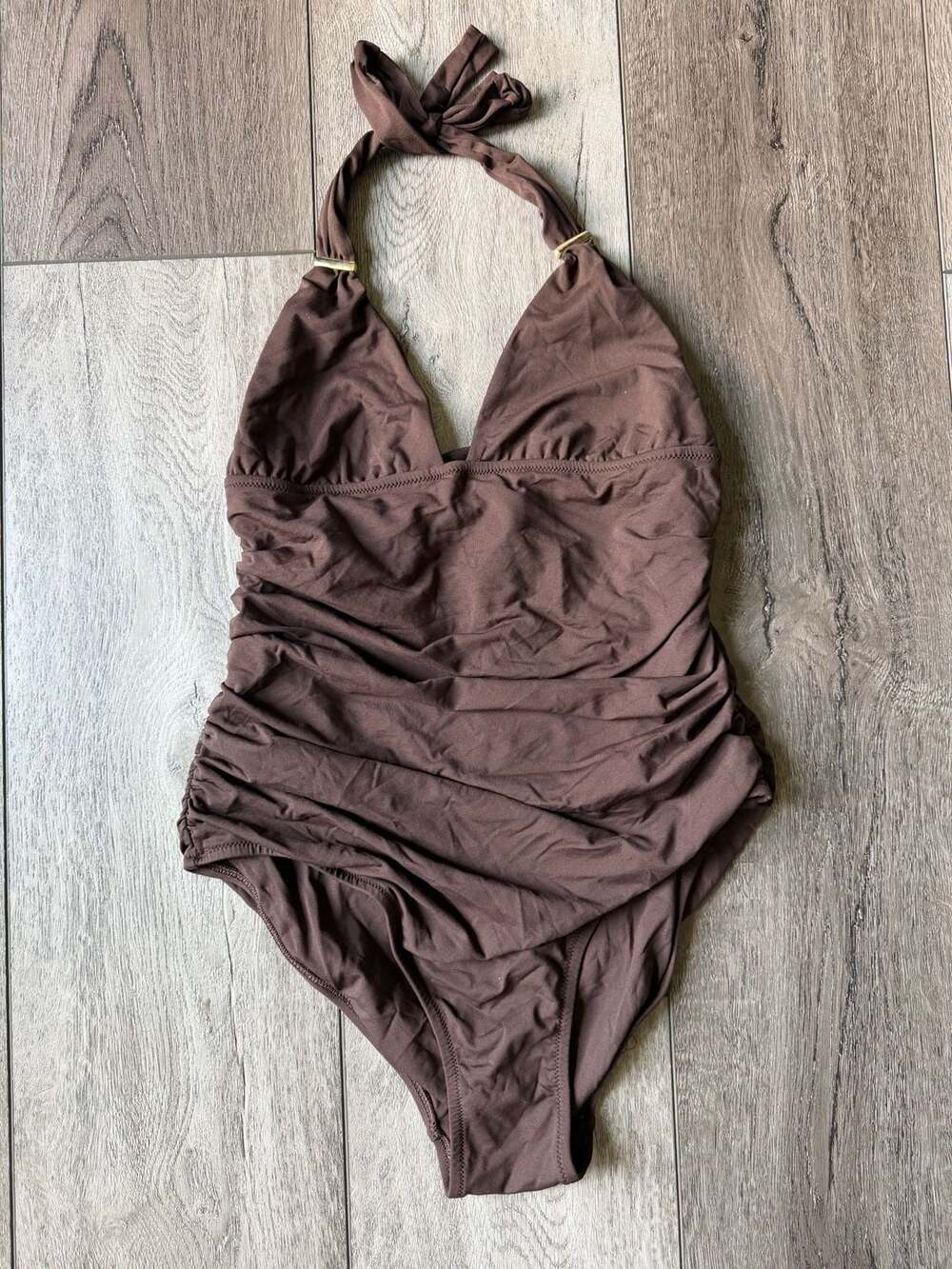 Melissa Odabash Halter One Piece Swimsuit USA 6 Brown Ruched